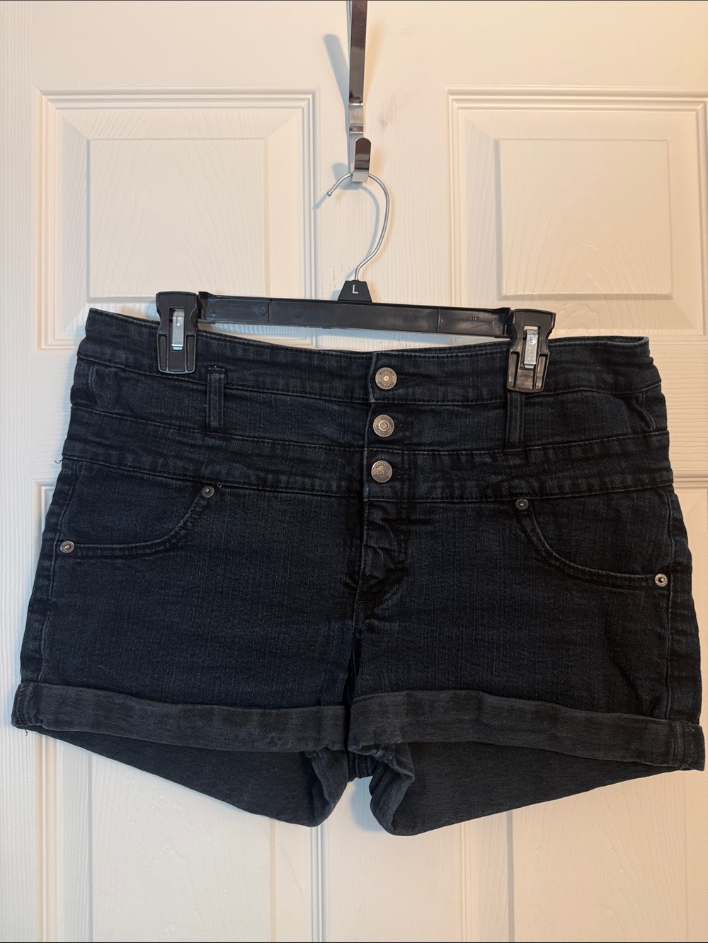 High-Rise Black Denim Jean Shorts with Triple-Button Front